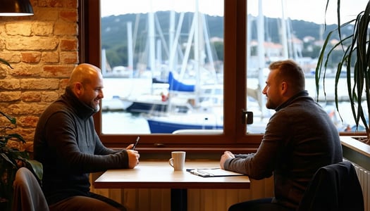 A casual business meeting inside of a small coffee shop The interior is warm and inviting The large picture window shows a marina in the background The business meeting is between two men One man will have a clipboard-4 A casual business meeting inside of a small coffee shop The interior is warm and inviting The large picture window shows a marina in the background The business meeting is between two men One man will have a clipboard-4