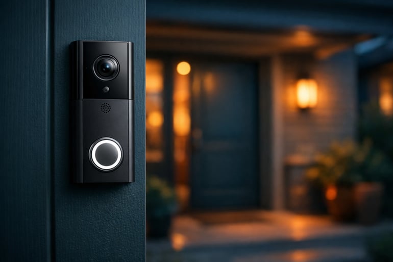 A closeup view of a modern home entrance featuring a smart doorbell camera and illuminated front porch softly blurred background of a beautiful home e-1