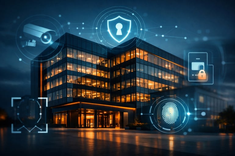 A highend commercial office building with integrated smart security technology subtle digital overlays representing surveillance and access control mo-Mar-27-2026-02-57-15-9026-PM