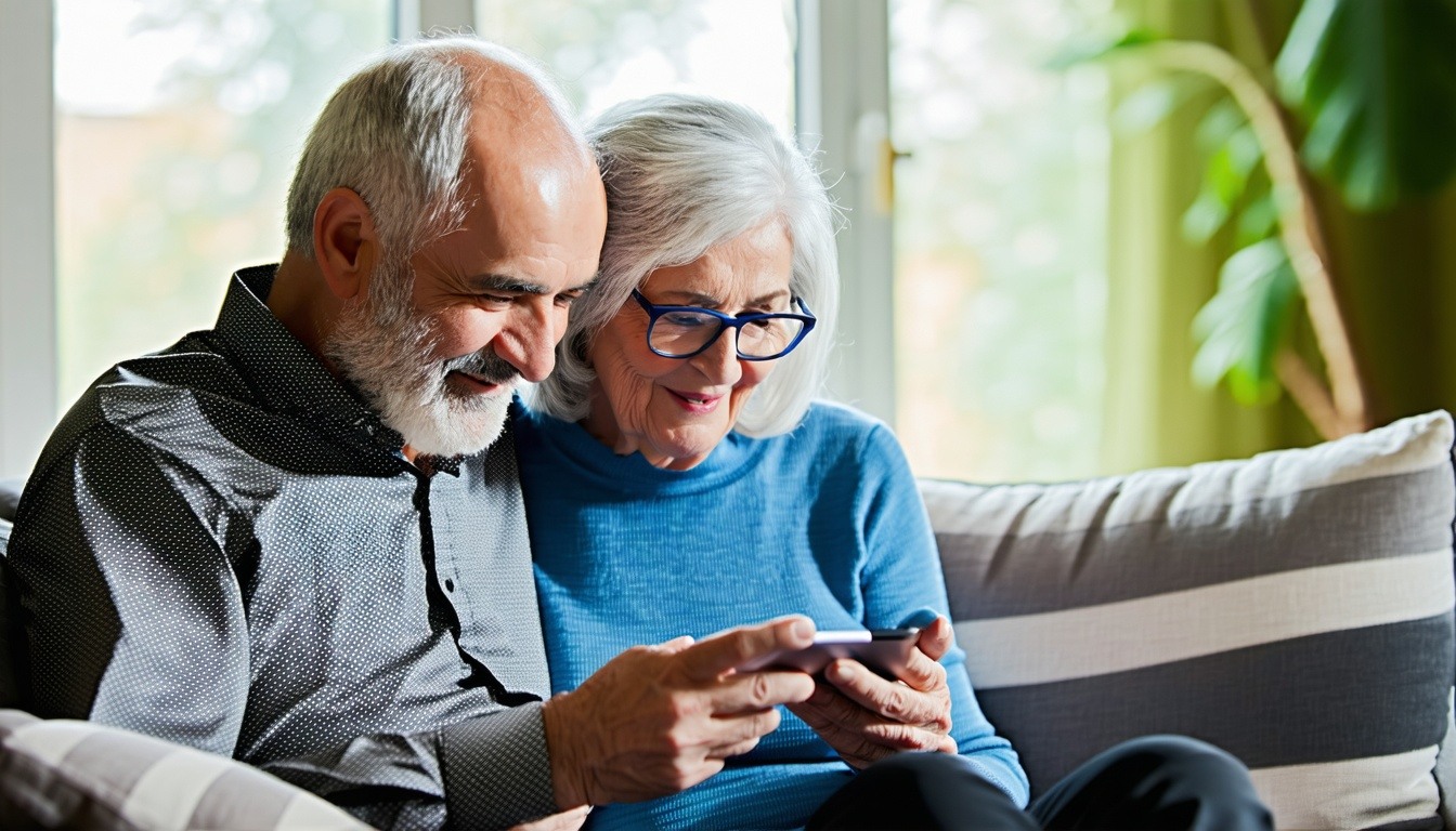 elderly couple sitting on couch with smart technology present-1