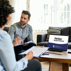 one on one in home consultation Two people a professional person with a clipboard Livingroom setting with two couches A coffee table with a laptop on it saying Harbor Smart Homes on the screen-2