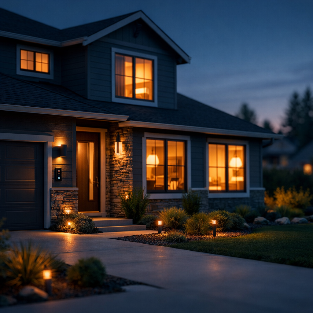 photographic A modern suburban home at dusk with warm interior lighting glowing through the windows smart home security features subtly visible such a-1