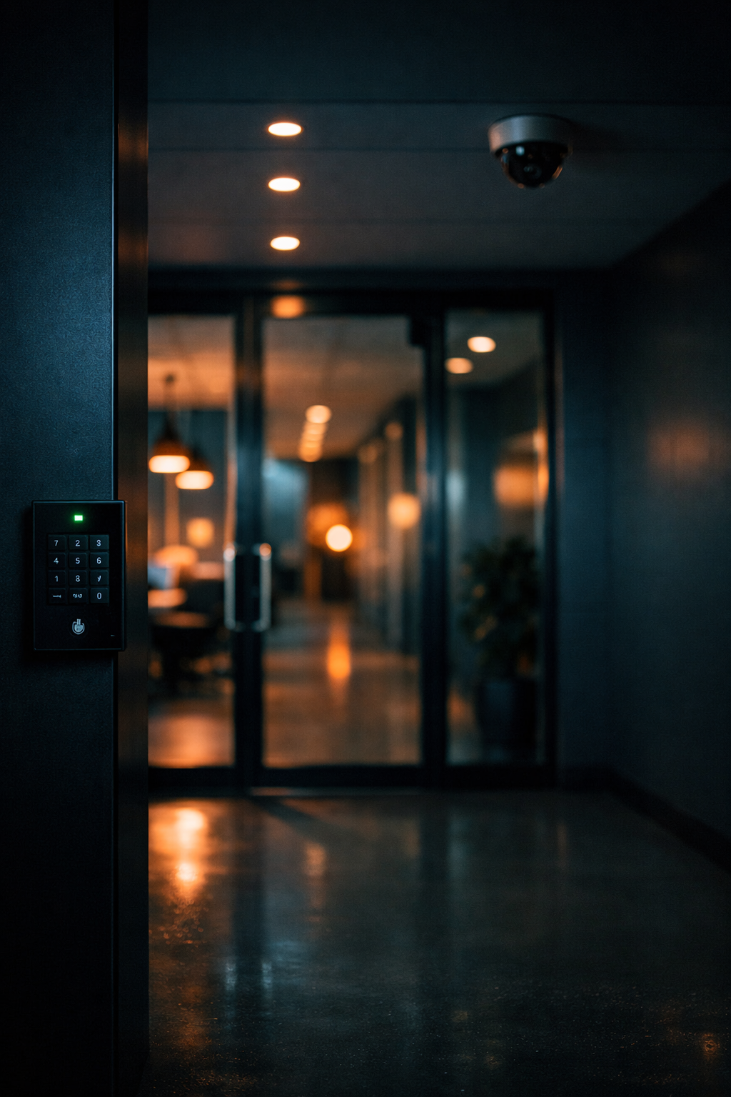 photographic A professional commercial office entrance featuring keycard access system security cameras and welllit entryway modern corporate environm-1