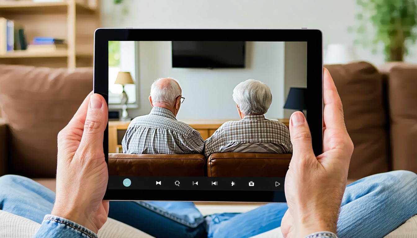 set of hands holding a tablet On the screen is an elderly couple sitting on couch together watching tv