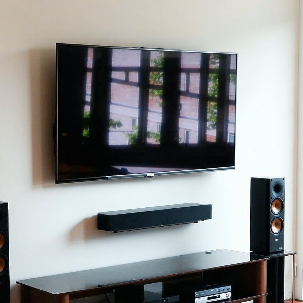 tv and surround sound mounted on wall