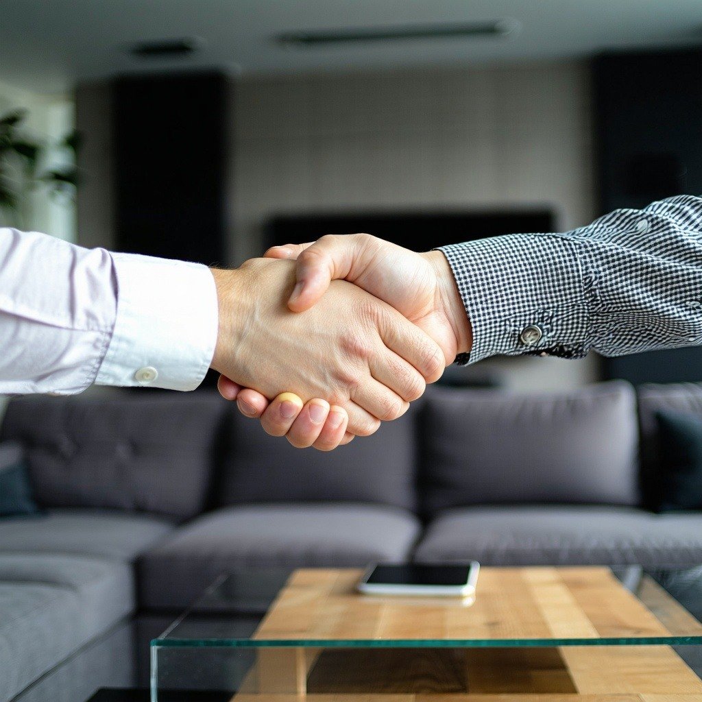 A technician shaking hands with a customer Picture slightly blurry focusing on the handshake Livingroom setting-1